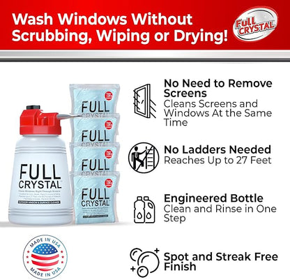 Full Crystal Window Cleaning Kit – 16 oz Glass Cleaner and Bottle with 27 ft Reach, Each 4 oz Bag Makes Up to 640 fl oz, Cleans Up to 80 Windows, Scrub-Free, Rinse-Free