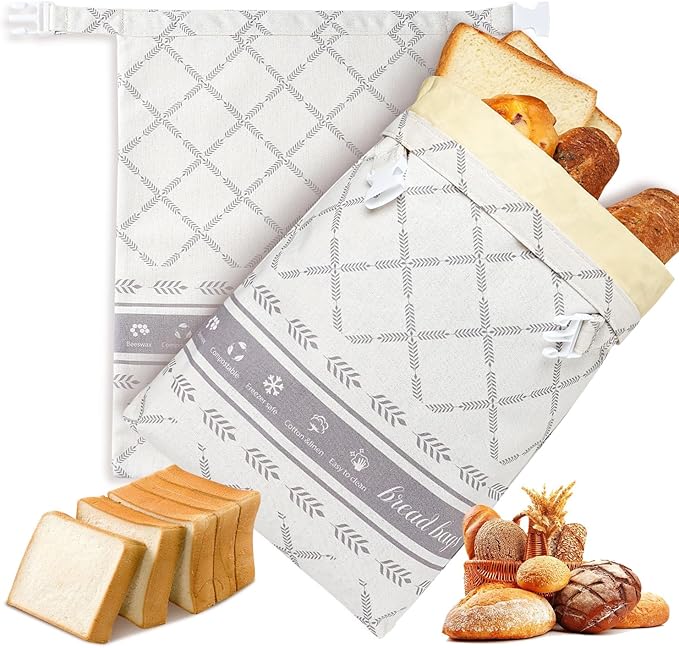 Reusable Beeswax Bread Bags for Sourdough, XL Capacity Upgrade Food Storage Bag, 100% Natural Cotton and Beeswax, Keep Freshness for Homemade Bread, Portable sourdough bread bags, 2 Pack | Freezer Safe