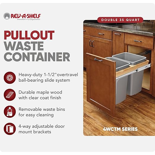 Rev-A-Shelf 35 Qt Top Mount Double Pullout Under Cabinet Kitchen Trash Cans w/Soft-Close for Base Cabinets,150 Pound Rated Full-Extension Slides, Min Opening Width of 15", Silver, 4WCTM-18BBSCDM2