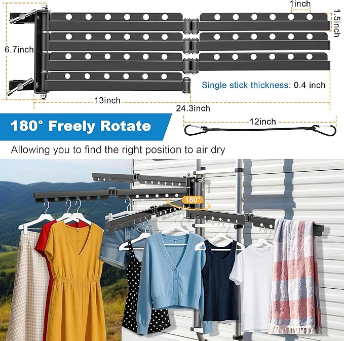 Saillong RV Clothes Drying Rack, Iron Material, 4 Sturdy Arms, Holds up to 48 Pieces of Clothing Once, Motorhomes Ladder Drying Rack for Laundry (1 Pack)