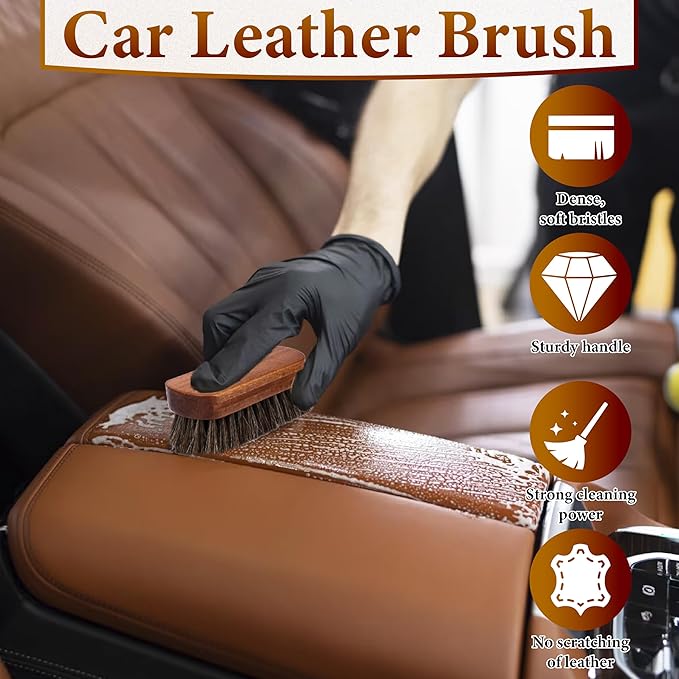 2 PCS Leather Brush Car Detailing, Horse Hair Brush, Car Cleaning Supplies, Car Interior Brush, Carpet Brush for Car Detailing, for Car Accessories Interior, Carpet, Upholstery, Furniture and Shoes