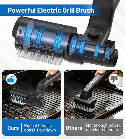 Electric Grill Brush 2-in-1 Automatic Grill Cleaner with Adjustable Angle, Includes 3-Speed Power Motor Stainless Steel & Scouring Pad Heads, Waterproof Cleaning Tool for for BBQ Grates & Griddles