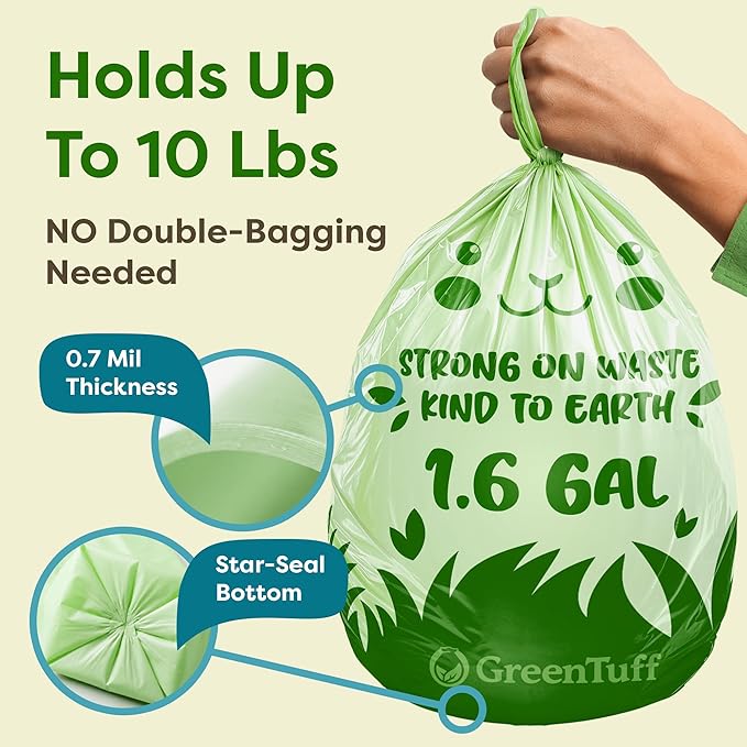 1.6 Gallon Compostable Trash Bags for Bathroom (50 Count) — Small Food Scrap & Bathroom Bin Liners — Thick 0.7 Mil Leak-Resistant Plant-Based Bags — ASTM D6400 BPI Certified