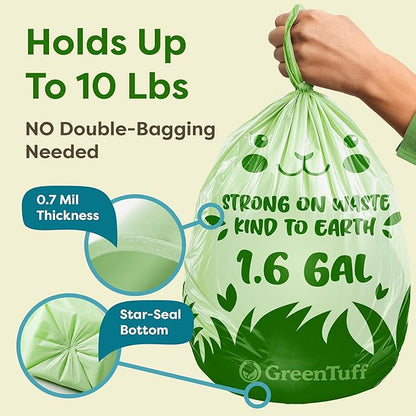 1.6 Gallon Compostable Trash Bags for Bathroom (50 Count) — Small Food Scrap & Bathroom Bin Liners — Thick 0.7 Mil Leak-Resistant Plant-Based Bags — ASTM D6400 BPI Certified