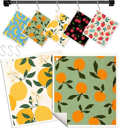 Miss Adola Swedish Dishcloths for Kitchen with Hooks - Reusable Dish Cloths for Washing Dishes Fast Drying Cute Fun 5 Pack Swedish Dish Towels Washable Cleaning Sponge, Fruit