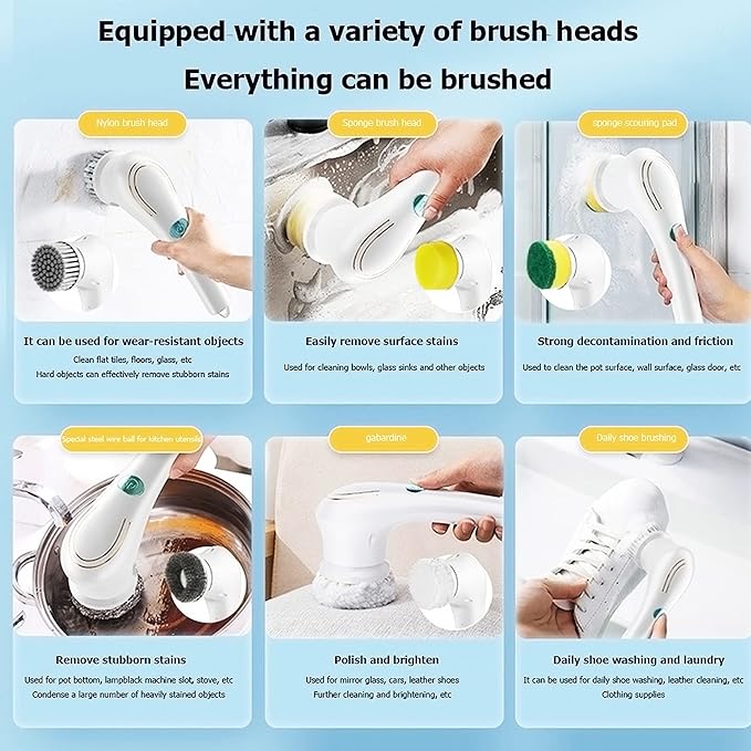 Electric Scrubber, Handheld Cleaning Brush, Includes 5 Replaceable Heads, Bathroom, Kitchen, Floor, Dish, Shoe, Glass - Multifunctional Home Accessory