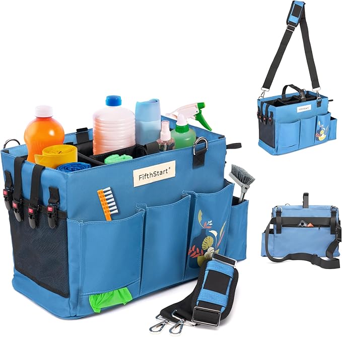Multiuse Cleaning Caddy with Waist, Shoulder Strap 9 Pockets, Mesh Base & Adjustable Compartments - Cleaning Caddy - Cleaning Supplies Organizer (Blue, Small)