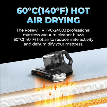 Rosewill Mattress Vacuum Cleaner: 450W 16Kpa Strong Suction, 253.7nm UV-C Light, Ultrasonic & High Heating Tech, Dual Dust Cup, Corded - Metallic Grey