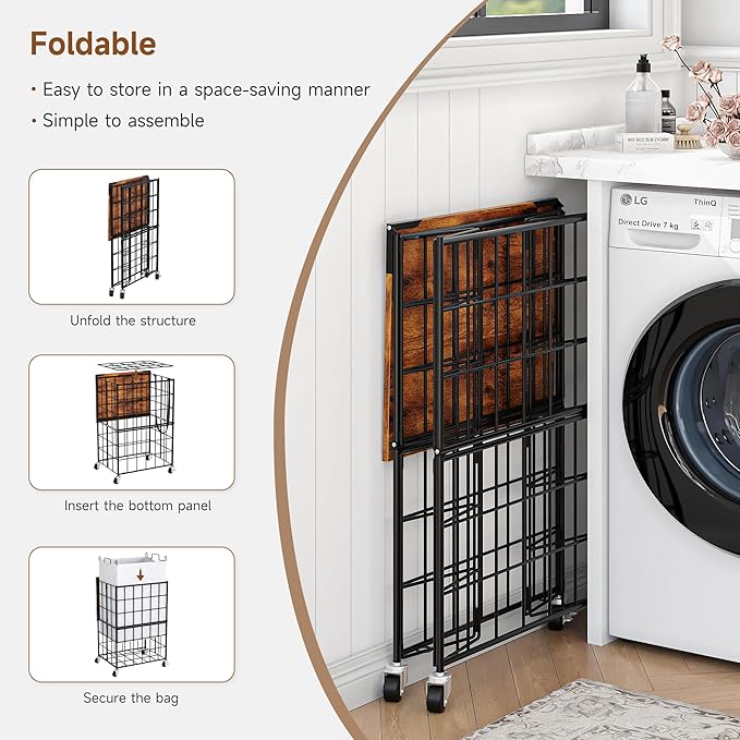 90L Laundry Basket with Wheels, Large Capacity Laundry Hamper with Removable Liner Bags, Heavy Duty Laundry Sorter with Solid Wood Lid & Leather Handles, Beige