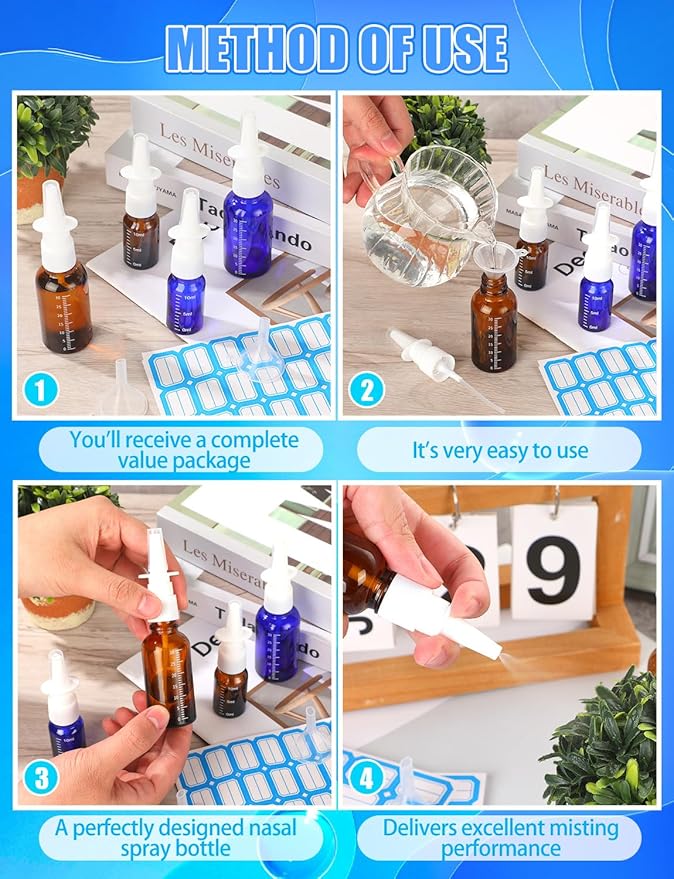 10 Pcs Nasal Spray Bottle, 10ML/0.35OZ 6Pcs Empty Glass Brown Scale Nose Spray Bottles Refillable with 2 Funnels and 2 Labels
