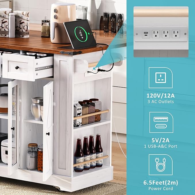 53" Farmhouse Kitchen Island with 2 Tempered Glass Cabinet Doors, Power Outlet, Rolling Kitchen Cart on Wheels with Drop Leaf, 5 Open Side Racks, 3 Drawers, for Kitchen, White