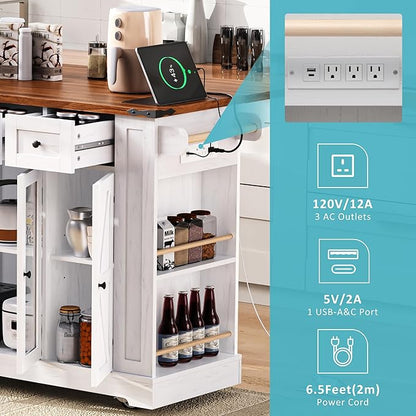 53" Farmhouse Kitchen Island with 2 Tempered Glass Cabinet Doors, Power Outlet, Rolling Kitchen Cart on Wheels with Drop Leaf, 5 Open Side Racks, 3 Drawers, for Kitchen, White