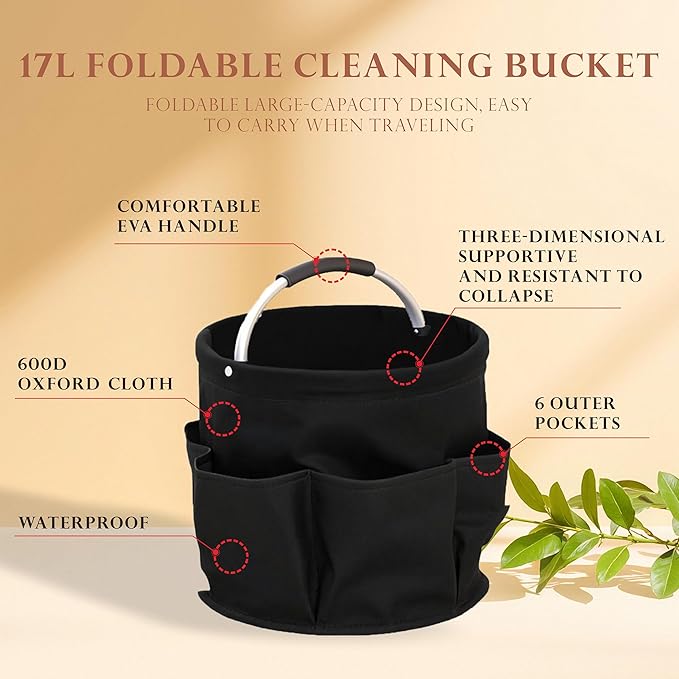 Cleaning Caddy with Handle,Cleaning Supplies 17L Foldable Storage Basket,Portable Multi Bucket Organiser Mop Bucket for Home Garden (Black)-11 x 11inches