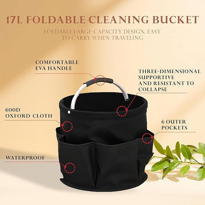 Cleaning Caddy with Handle,Cleaning Supplies 17L Foldable Storage Basket,Portable Multi Bucket Organiser Mop Bucket for Home Garden (Black)-11 x 11inches