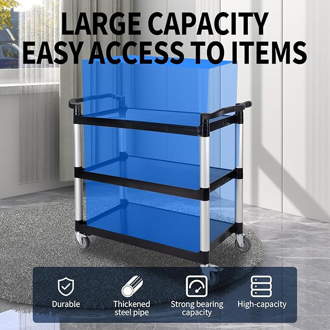 UNICOO® Heavy Duty 3-Tier Rolling Cart, Service Utility Cart on Wheels, 550lbs Capacity, Lockable & Silent Wheels, Anti-Rust, Easy Clean for Restaurant, Office, Dorm, Garage, Kitchen Storage