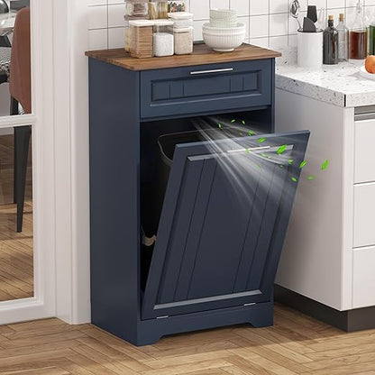 Single 10 Gallon Tilt Out Trash Can Cabinet with Deodorizing Function, Wooden Hidden Garbage Can Holder with Storage Drawers for Kitchen and Dining Room, Laundry Hamper Cabinet for Bathroom, Blue