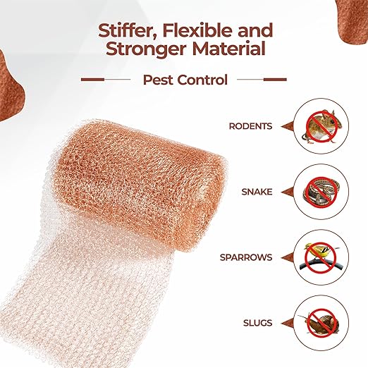 Copper Mesh Rodent Control, 5in x 36ft- Rustproof Copper Mesh Roll for Rodent, Bat & Snail - Perfect for Hole Blocking, Gardening & Sealing Water Opening - Plus Bonus Scissor & Gloves