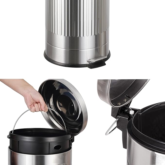 happimess HPM1018E Theo Retro 8-Gallon Step Trash Can with Soft-Close Lid and Free Mini Trash Can for Home, Kitchen, Bathroom, Living Room, Office, Platinum Silver
