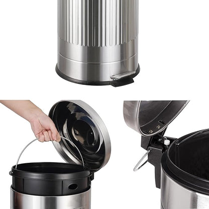 happimess HPM1018E Theo Retro 8-Gallon Step Trash Can with Soft-Close Lid and Free Mini Trash Can for Home, Kitchen, Bathroom, Living Room, Office, Platinum Silver