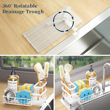 Consumest Sponge Holder for Kitchen Sink - Auto Draining Sink Caddy Organizer with Detachable Rack, High Brush Holder, Kitchen Countertop Storage Accessories, White