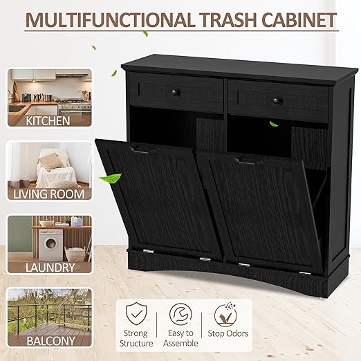 AHB Double Tilt Out Trash Can Cabinet Freestanding Kitchen Trash Can, 2x13 Gallons Hidden Garbage Recycling Cabinet with Hideaway Drawers Pet Proof Trash Can Holder for Kitchen, Black