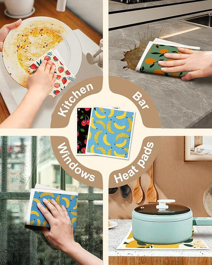 Miss Adola Swedish Dishcloths for Kitchen with Hooks - Reusable Dish Cloths for Washing Dishes Fast Drying Cute Fun 5 Pack Swedish Dish Towels Washable Cleaning Sponge, Fruit
