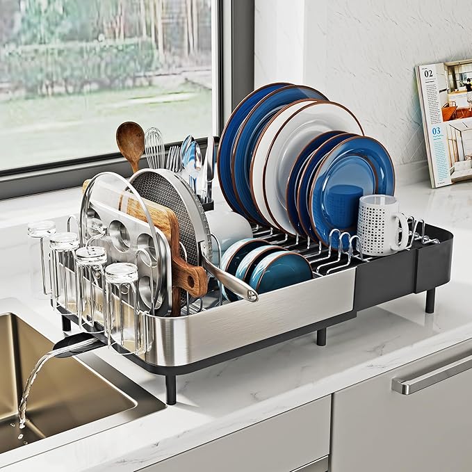 SUNLY Expandable Dish Drying Rack, Versatile Brackets for Pots & Pans, Space Saving Kitchen Drying Rack, Dish Racks for Kitchen Counter, Stainless Steel Dish Drainers with Extendable Spout, Black