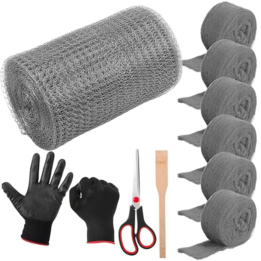 Steel Wool for Mice Control Mesh Rodent Control Kit 1 Pack Rustproof Mesh Roll and 0000 Steel Wool Mouse Hole Filler with Gloves, Scissors for House Garden Home Garage(5in X 29.5ft)