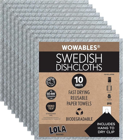 LOLA Swedish Dishcloths for Kitchen 10 Sheets, Biodegradable & Compostable Reusable Paper Towel Cleaning Cloths No Odor Washing Dishes Ultra Absorbent Cellulose Sponge Towel Made in Germany