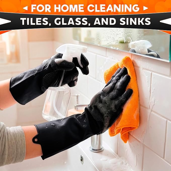 ALPENKOK Silicone Dishwashing Gloves with Scrubber – Non-Slip Silicone Gloves wor Washing Dishes | Household Use