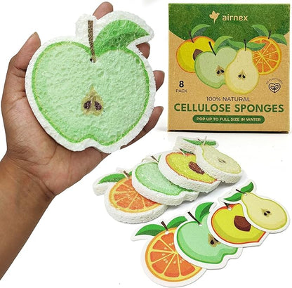 AIRNEX Biodegradable Cellulose Compressed Sponges Bulk - Fruit Shaped Kitchen Pack of 8 - Eco Friendly, Odor Free, Natural, Pop Up Compostable Scrubbers for Washing Dishes