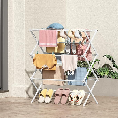KINGBOARD Clothes Drying Rack, Collapsible Drying Rack Clothing with 11 Poles, 3-Tier Laundry Drying Rack, Small Clothes Drying Rack Foldable for Baby Clothes Sock Towel, 25lb Capacity, White