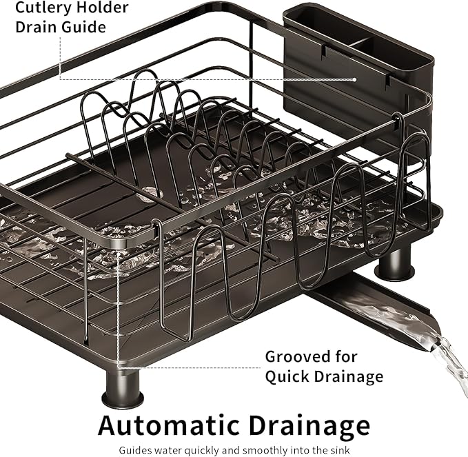 PureBox Dish Drying Rack with 2 Utensil Holders, Rustproof Metal Kitchen Counter Organizer with Cup Holder & Drain Board, Large Capacity Dish Rack for Sink, Black
