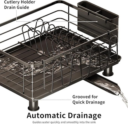 PureBox Dish Drying Rack with 2 Utensil Holders, Rustproof Metal Kitchen Counter Organizer with Cup Holder & Drain Board, Large Capacity Dish Rack for Sink, Black