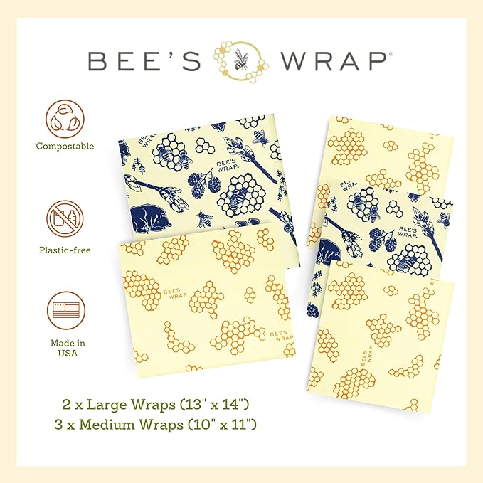 Bee's Wrap Beeswax Wraps for Food - Assorted 5 Pack of Beeswax Wraps - 2 Large & 3 Medium Wrap - Plastic Free Made in USA Reusable Natural Food Wrap - Honeycomb & Bees + Bears