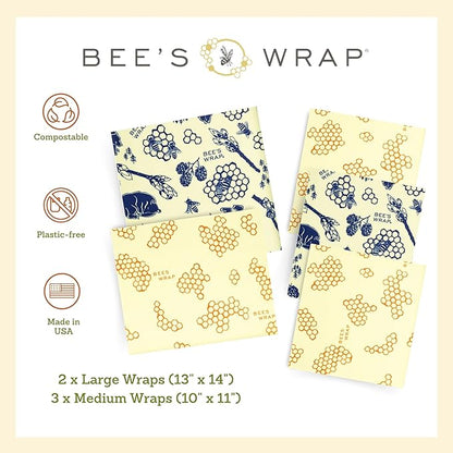 Bee's Wrap Beeswax Wraps for Food - Assorted 5 Pack of Beeswax Wraps - 2 Large & 3 Medium Wrap - Plastic Free Made in USA Reusable Natural Food Wrap - Honeycomb & Bees + Bears