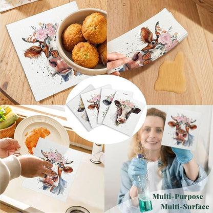 Cow Floral Cute Swedish Dishcloths for Kitchen, 4 Pack Cute Cow Gifts Swedish Dish Cloths Towels for Kitchen Bathroom Office Housewarming Gifts, Papaya Reusable Paper Towels Washable