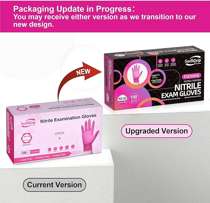 SwiftGrip Powder-Free Nitrile Gloves, 3-mil, Disposable Nitrile Gloves, Latex-Free, Powder-Free - Pink/Fuchsia