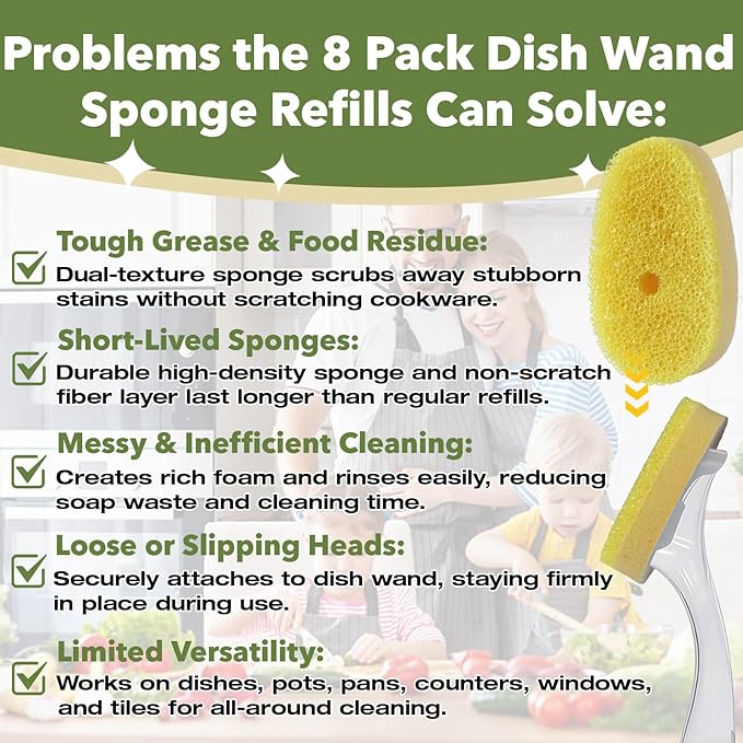 (8 Pcs) Dish Wand Sponge Refills – Compatible with Scrub Daddy Dish Wand, Non-Scratch Replacement Heads for Kitchen Cleaning, Yellow (Sponge Heads Only)