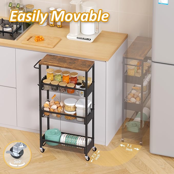 7.1" Wide Slim Rolling Utility Cart, 4 Tier Metal Narrow Storage Cart with Handle and Wood Top, Multifunctional Small Mobile Shelf Unit Organizer Trolley for Laundry, Bathroom, Kitchen