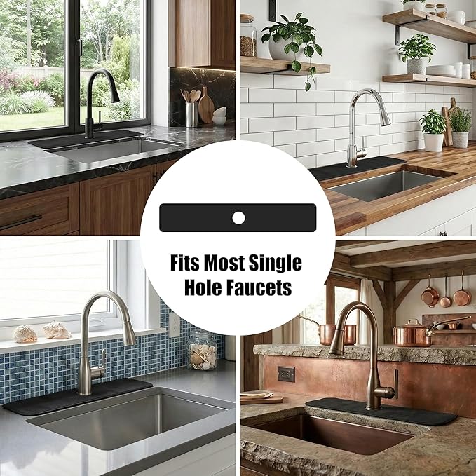 Customizable Kitchen Sink Faucet Mat: 30"Lx5.5"W Bathroom Counter Protector Drip Catcher - Splash Guard with Pre-Cut Center Hole, Trimming to Fit 2 & 3 Hole Faucet & Irregular Sink with Soap Dispenser