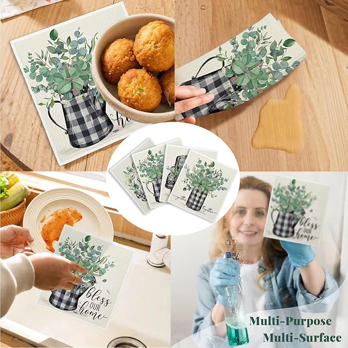 Bless This Home Swedish Dishcloths for Kitchen, Home Sweet Home, Swedish Dish Cloths for Home, Papaya Reusable Paper Towels, 4 Pack Dish Towels for Kitchen, Reusable Paper Towels Washable