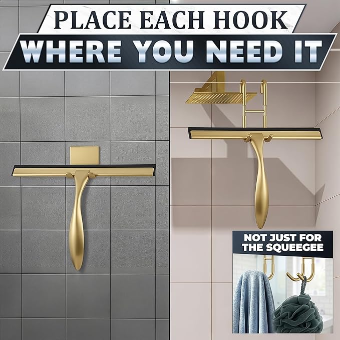 10 Inch Shower Door Squeegee - Gold Squeegee for Shower Glass with Stainless Steel Body, Silicone Blade, Adhesive & Hanging Hooks for Streak-Free Mirror, Tile, Window, Bathroom, Car, Everyday Home Use