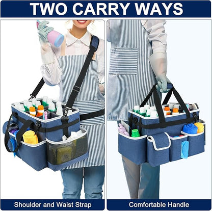 Cleaning Caddy Bag,Large Cleaning Supplies Organizer with Handle for Housekeepers, Blue