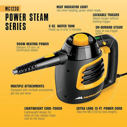 McCulloch MC1230 Handheld Steam Cleaner, 10 Minute Runtime, 11 Accessories: Jet Nozzle, Brushes, & More - Built for Home, Tile, Grout, Carpet, Furniture, & Personal Car Detailing