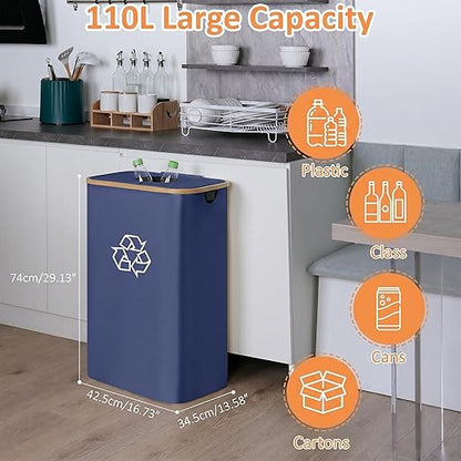 iEGrow 29 Gallons Recycling Bins for Kitchen, Indoor Recycle Bins with Lid, 110L Large Recycle bin with 2 Removeable Reusable Inner Bags, for Bottles Cans Glass Plastice Cartons(Blue)