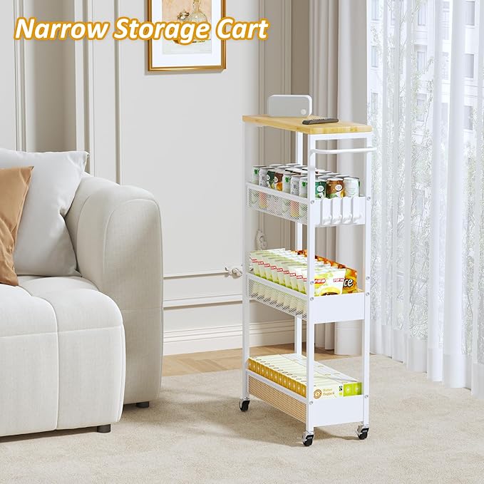 7.1" Wide Slim Storage Cart on Wheels, 4 Tier Metal Narrow Rolling Cart with Handle and Wood Top, Multifunctional Small Mobile Shelf Unit Organizer Trolley for Laundry, Bathroom, Kitchen