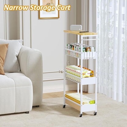7.1" Wide Slim Storage Cart on Wheels, 4 Tier Metal Narrow Rolling Cart with Handle and Wood Top, Multifunctional Small Mobile Shelf Unit Organizer Trolley for Laundry, Bathroom, Kitchen