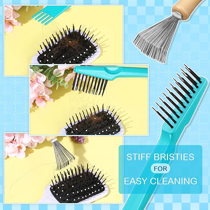 Boao 2 Pieces Hair Brush Cleaning Tool Comb Cleaner Brush Mini Comb Cleaning Hair Remover Tool for Removing Dust Home and Salon Use(Green, Wood Color,Polished Wooden Handle Rake)