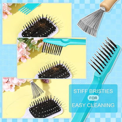 Boao 2 Pieces Hair Brush Cleaning Tool Comb Cleaner Brush Mini Comb Cleaning Hair Remover Tool for Removing Dust Home and Salon Use(Green, Wood Color,Polished Wooden Handle Rake)
